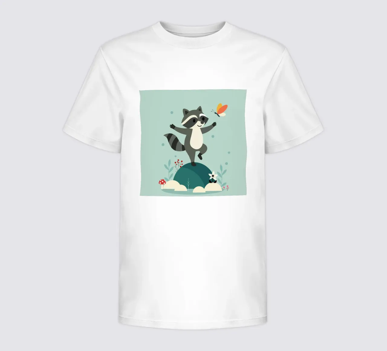 Dancing raccoon with butterfly - Playful motif kids t-shirt by namosh