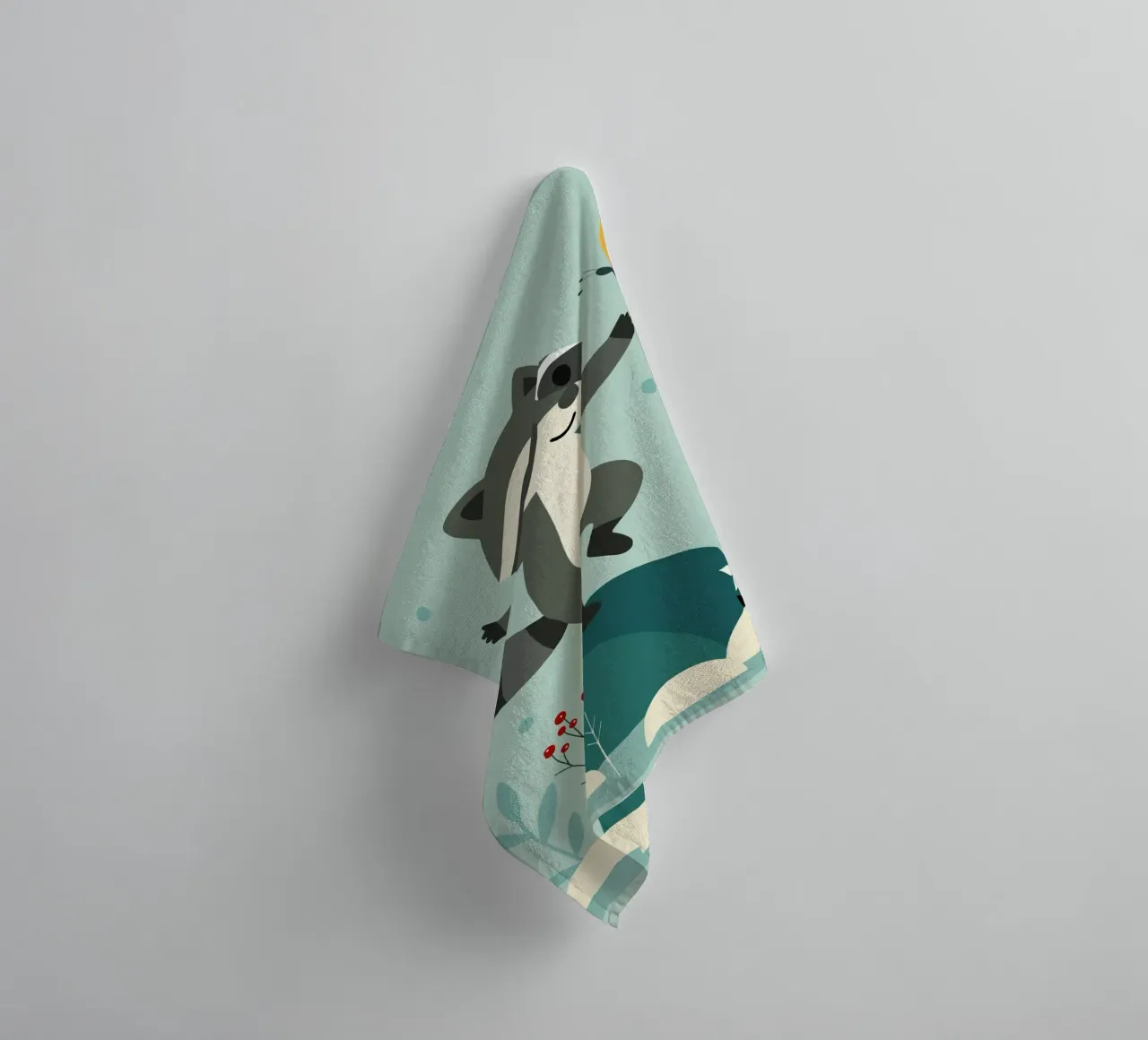 Dancing raccoon with butterfly - Playful motif towel by namosh