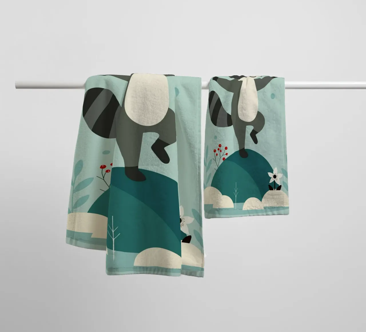 Dancing raccoon with butterfly - Playful motif towel by namosh