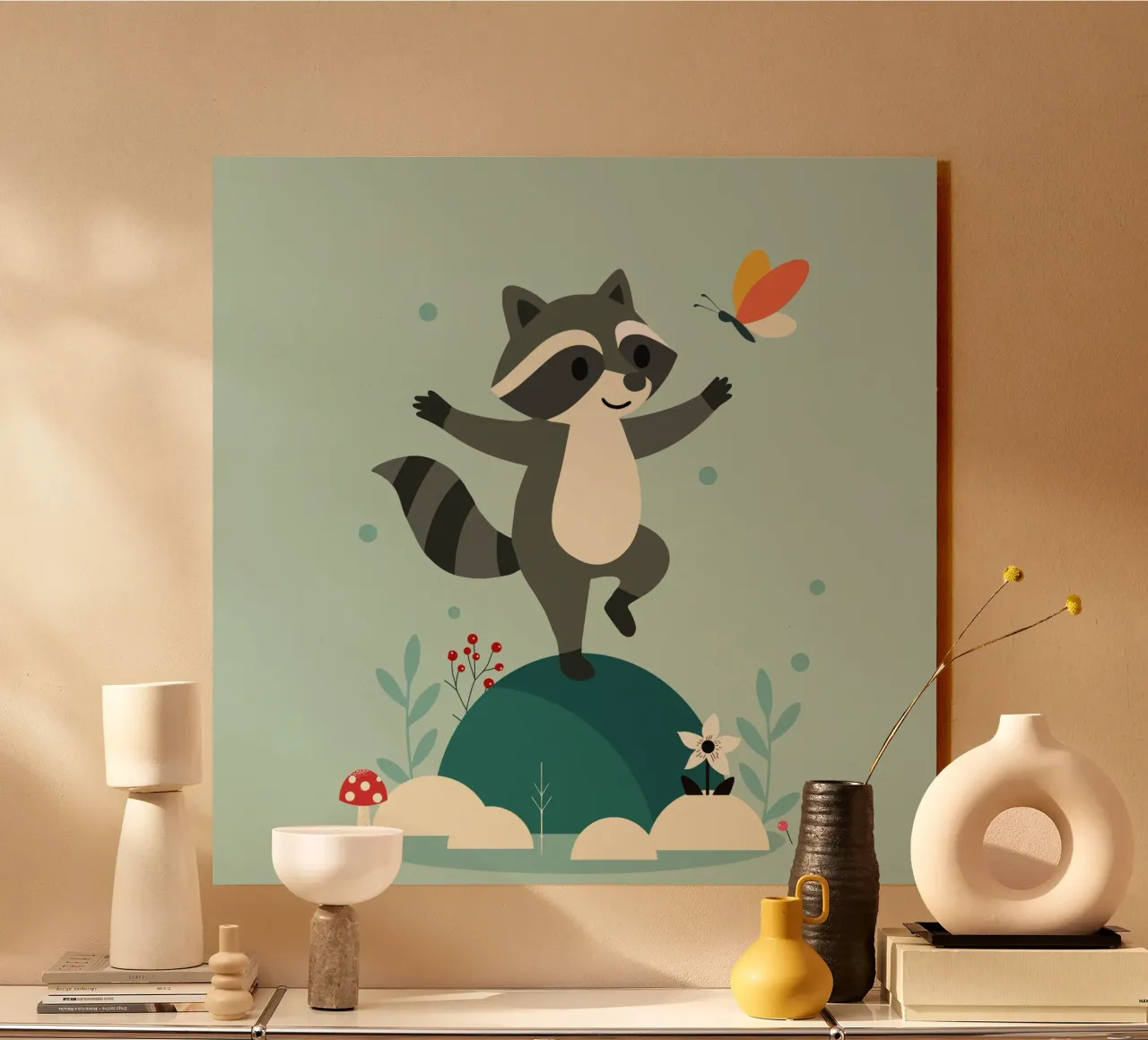 Dancing raccoon with butterfly - Playful motif forex plate by namosh