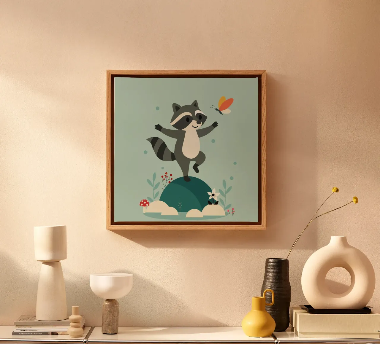 Dancing raccoon with butterfly - Playful motif canvas with Floater frame by namosh