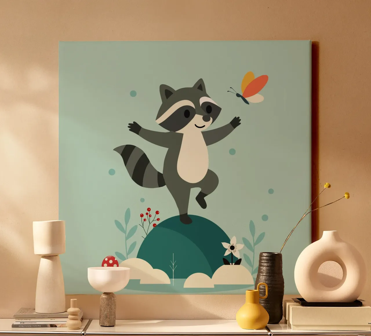 Dancing raccoon with butterfly - Playful motif canvas with Floater frame by namosh