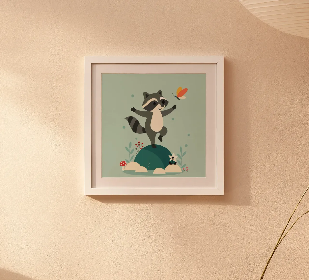 Dancing raccoon with butterfly - Playful motif poster by namosh