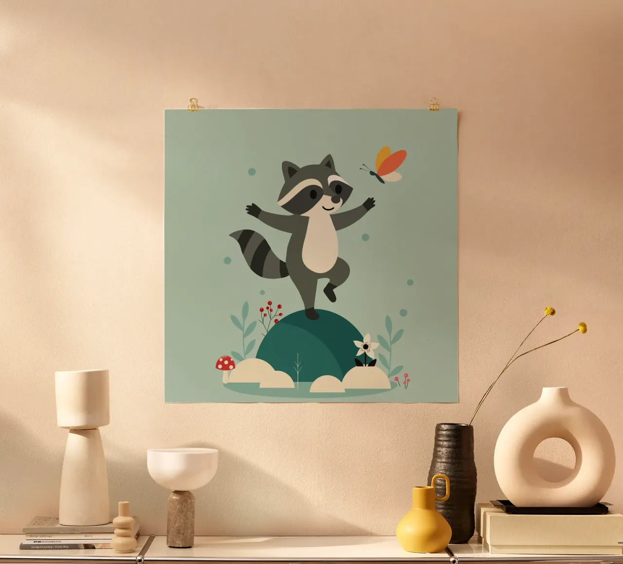 Dancing raccoon with butterfly - Playful motif poster by namosh