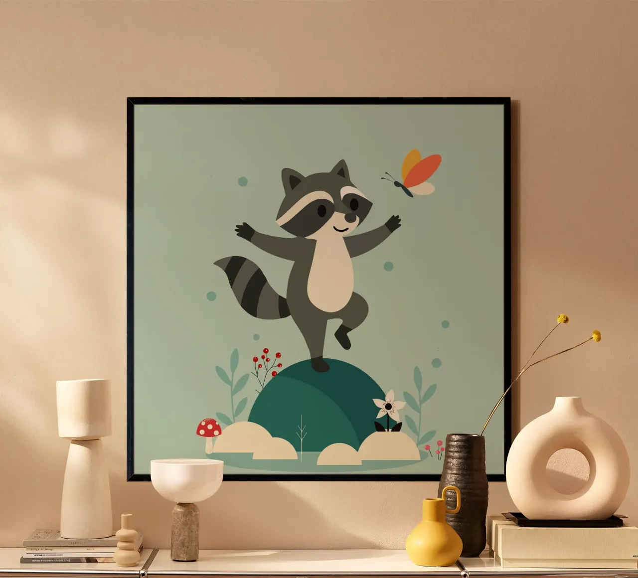 Dancing raccoon with butterfly - Playful motif poster by namosh