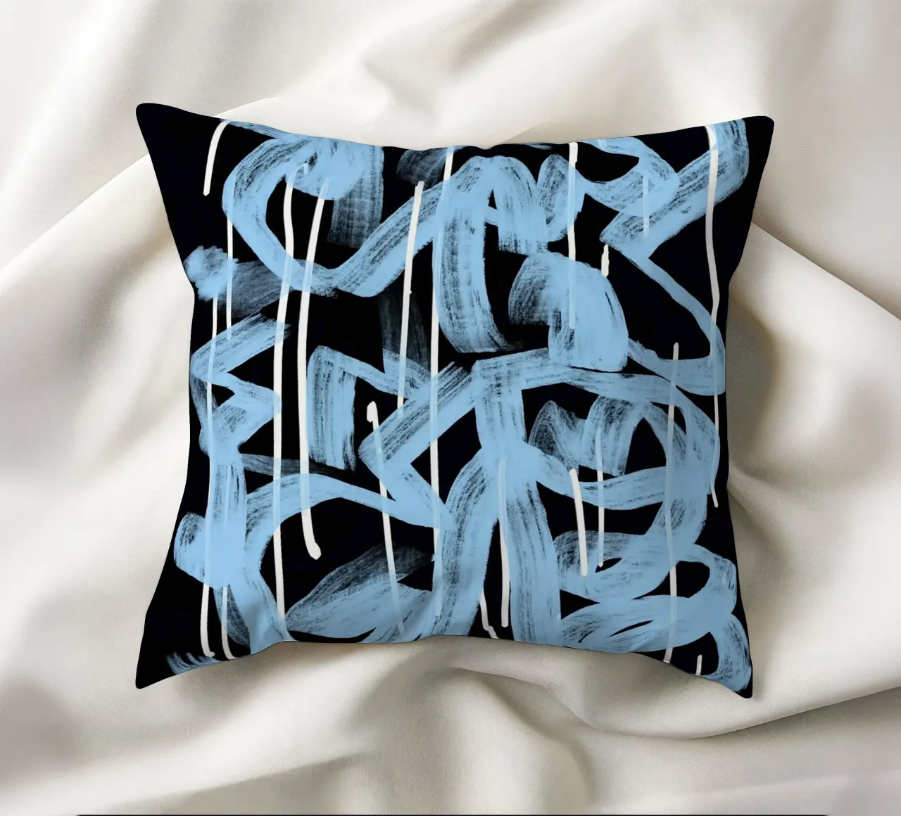 Blue abstract calligraphy decorative cushion by Little Dean