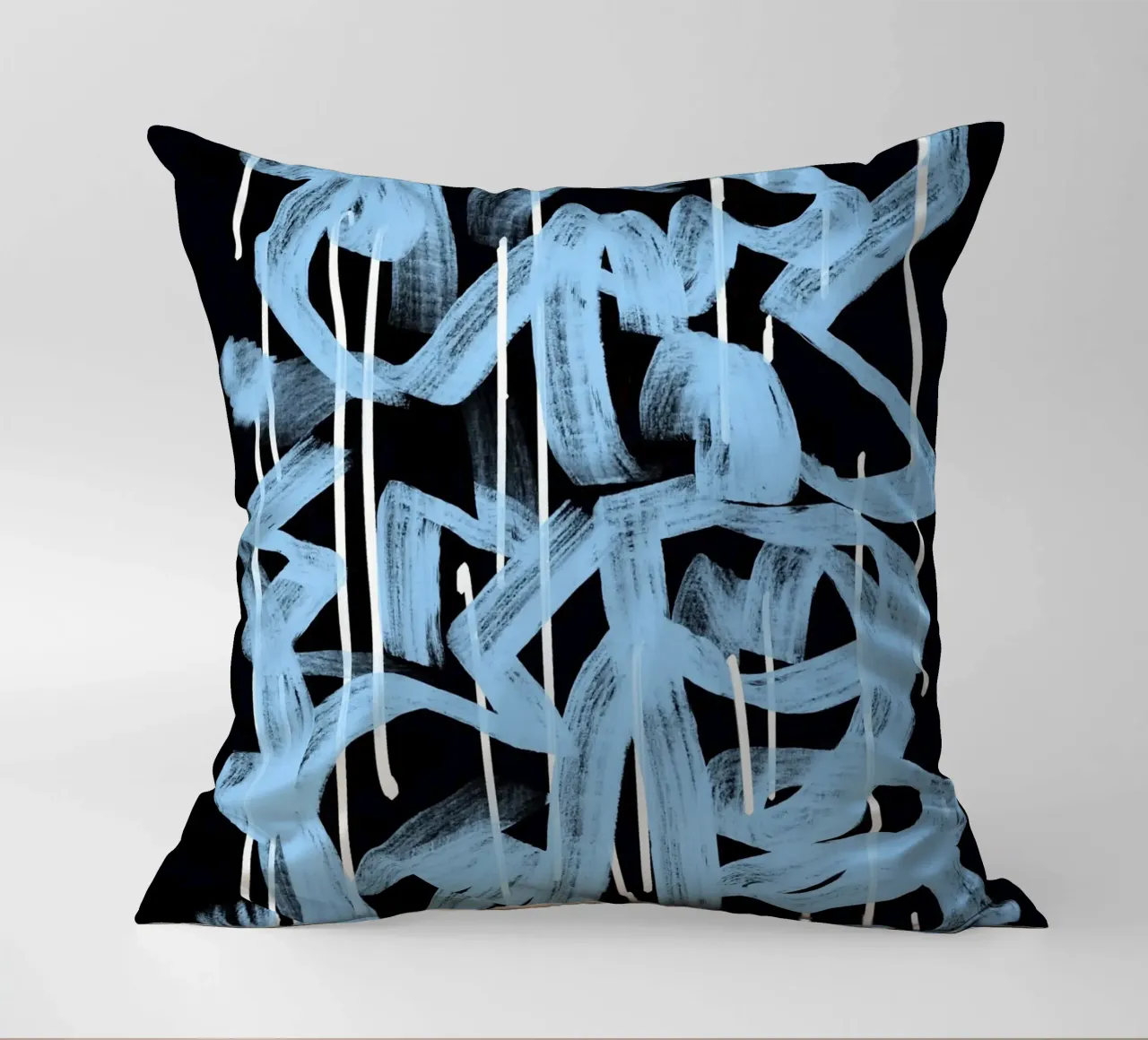 Blue abstract calligraphy decorative cushion by Little Dean
