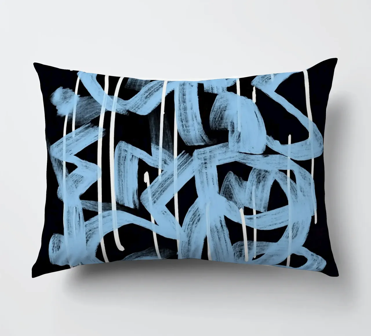 Blue abstract calligraphy decorative cushion by Little Dean