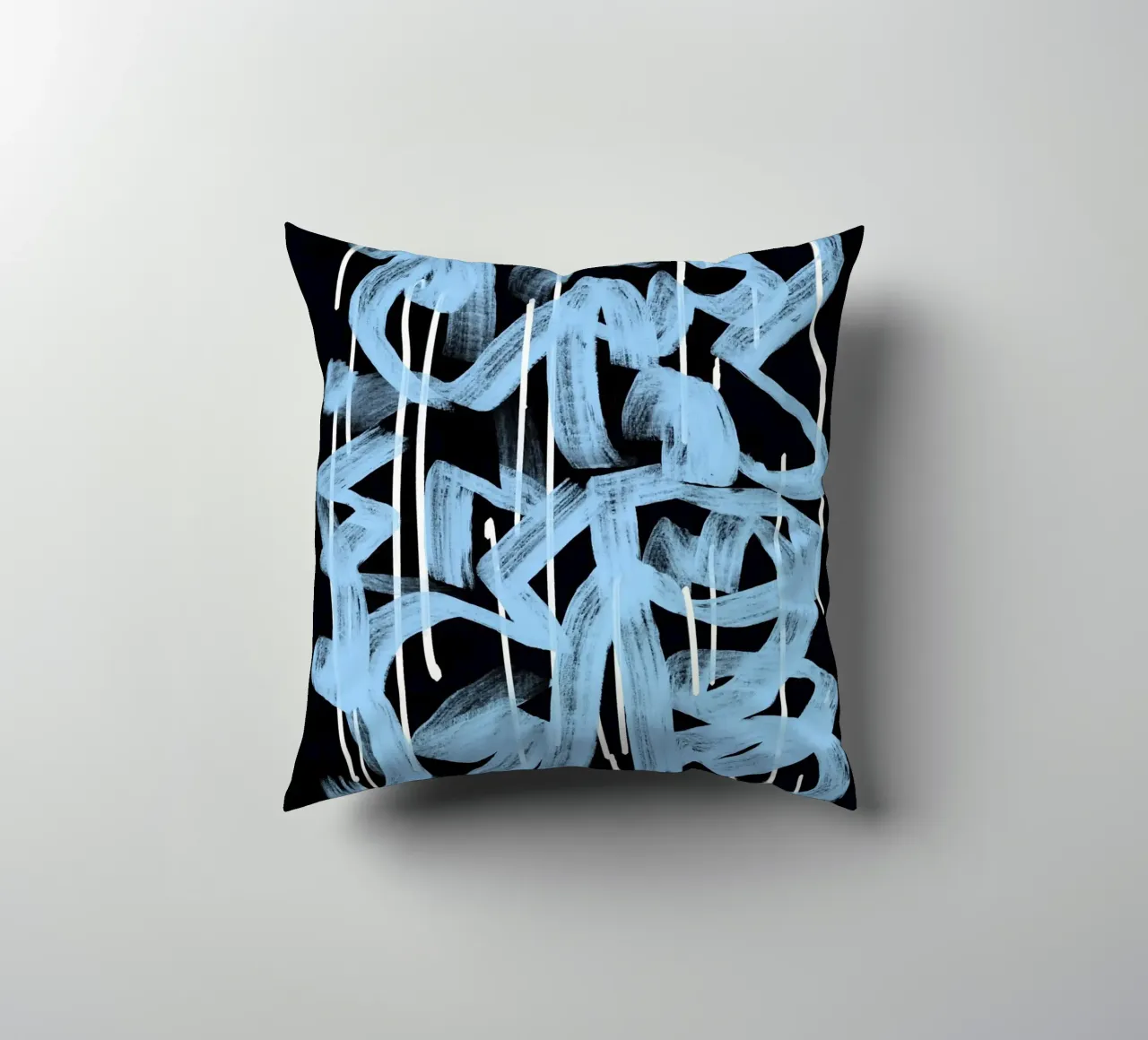 Blue abstract calligraphy decorative cushion by Little Dean