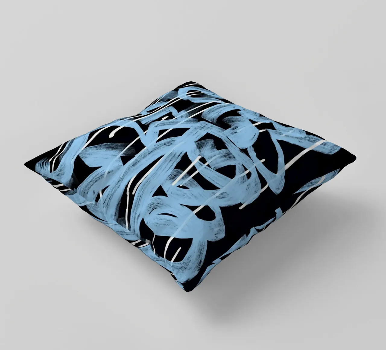 Blue abstract calligraphy decorative cushion by Little Dean