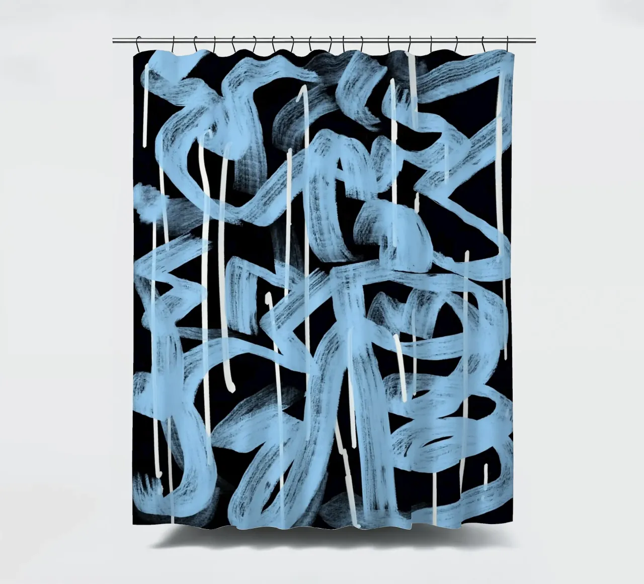 Blaue abstrakte Kalligraphie Duschvorhang von Little Dean