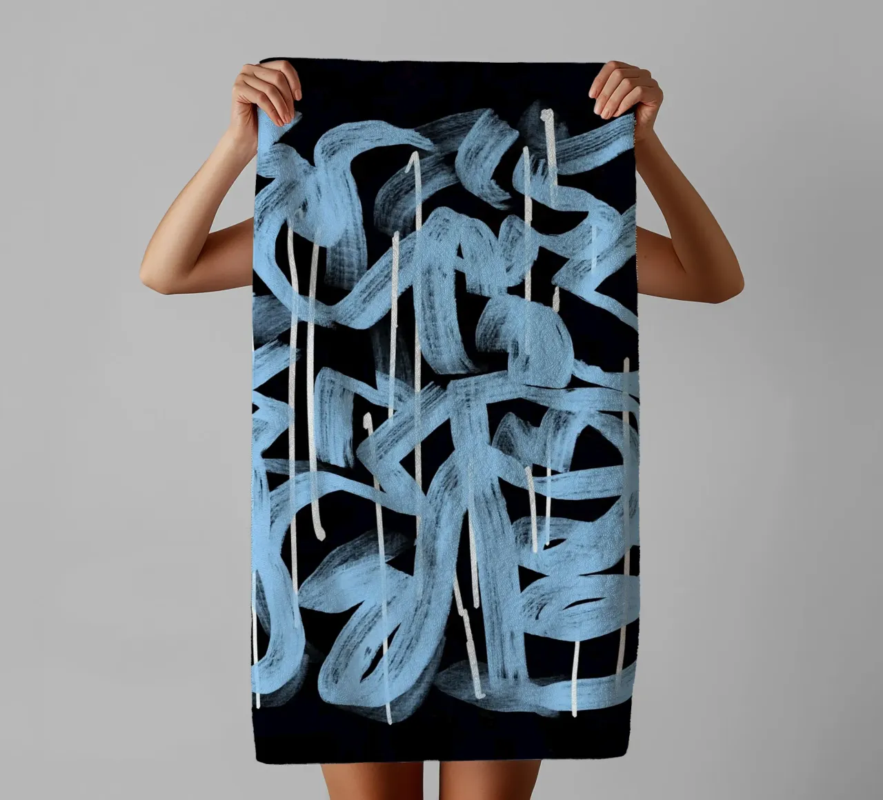 Blue abstract calligraphy towel by Little Dean