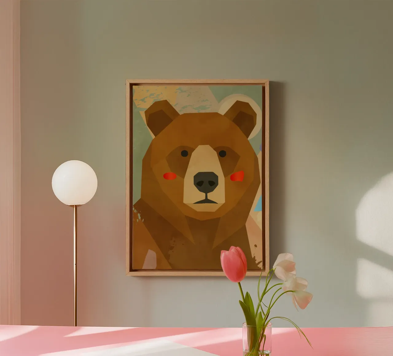 Geometrically stylised bear with soft colours canvas by namosh
