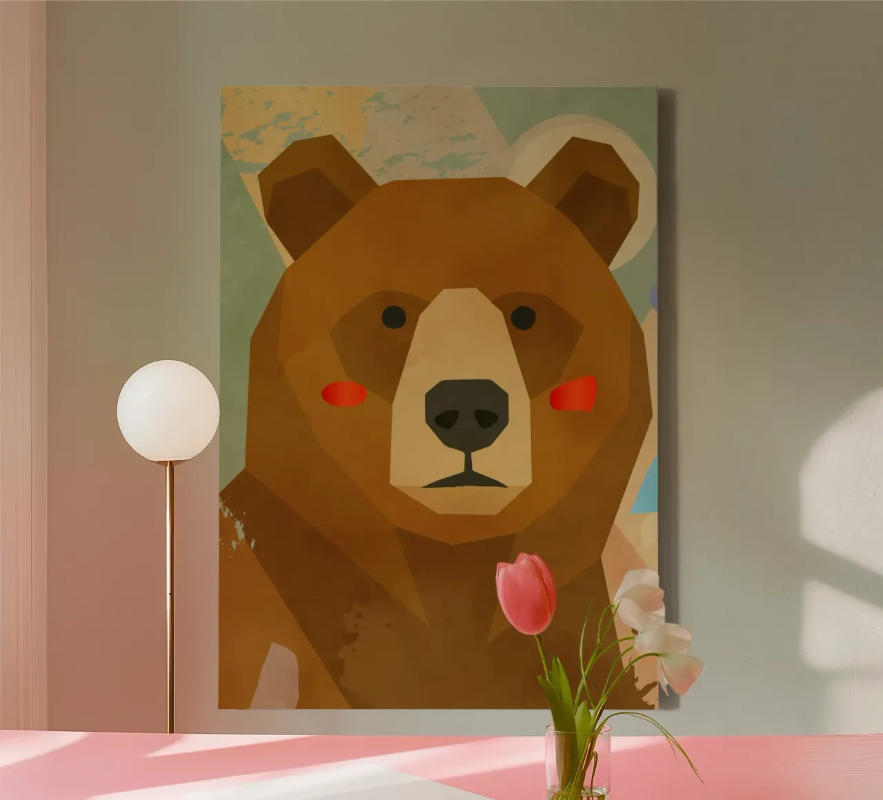 Geometrically stylised bear with soft colours canvas by namosh
