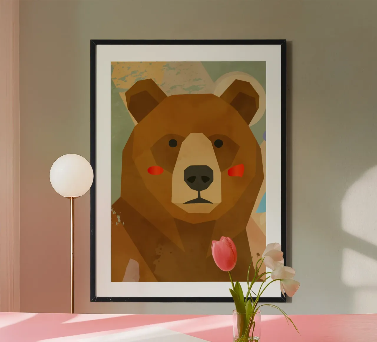 Orso geometrico stilizzato con colori tenui poster con telaio in alluminio da namosh