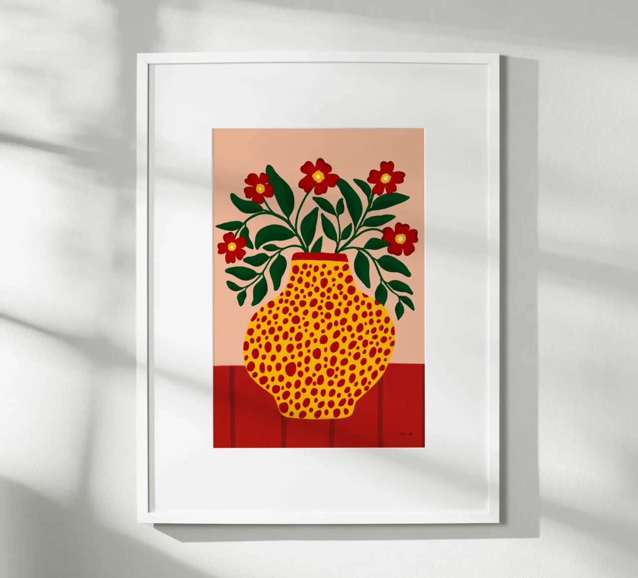 Red Flowers in dotted Vase poster con telaio in alluminio da Tida vom Weg