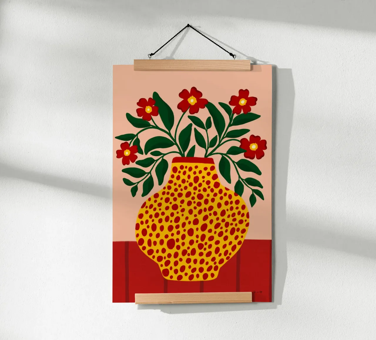 Red Flowers in dotted Vase poster con telaio in alluminio da Tida vom Weg