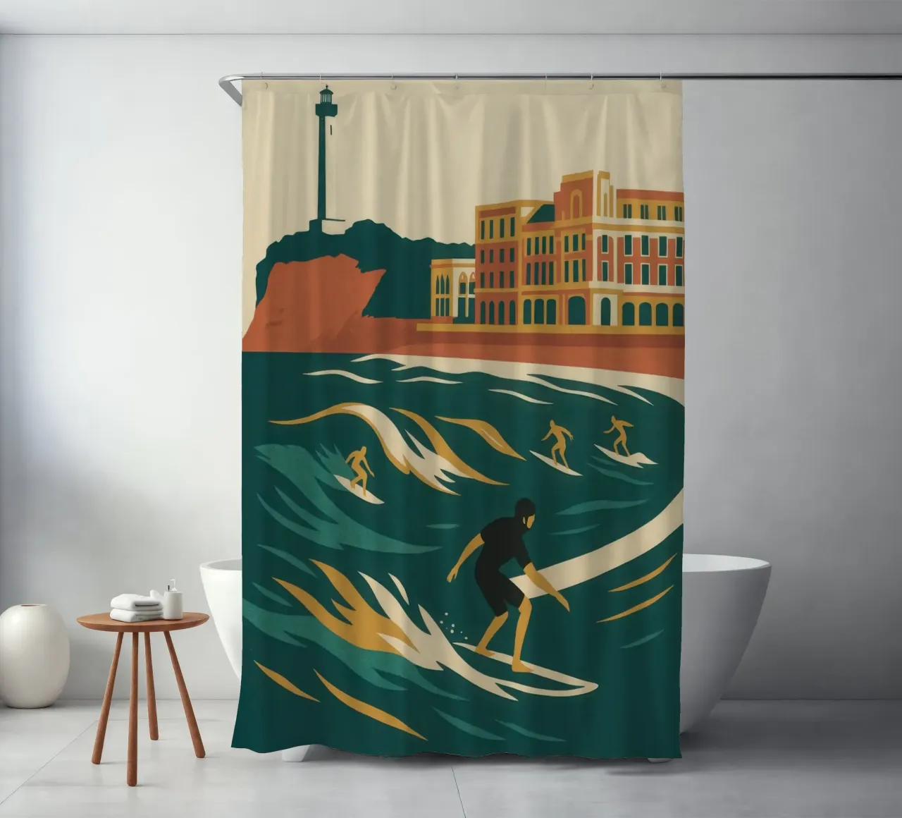 Biarritz, imperial waves and surfing spirit shower curtain by JETLAG | affiches voyage