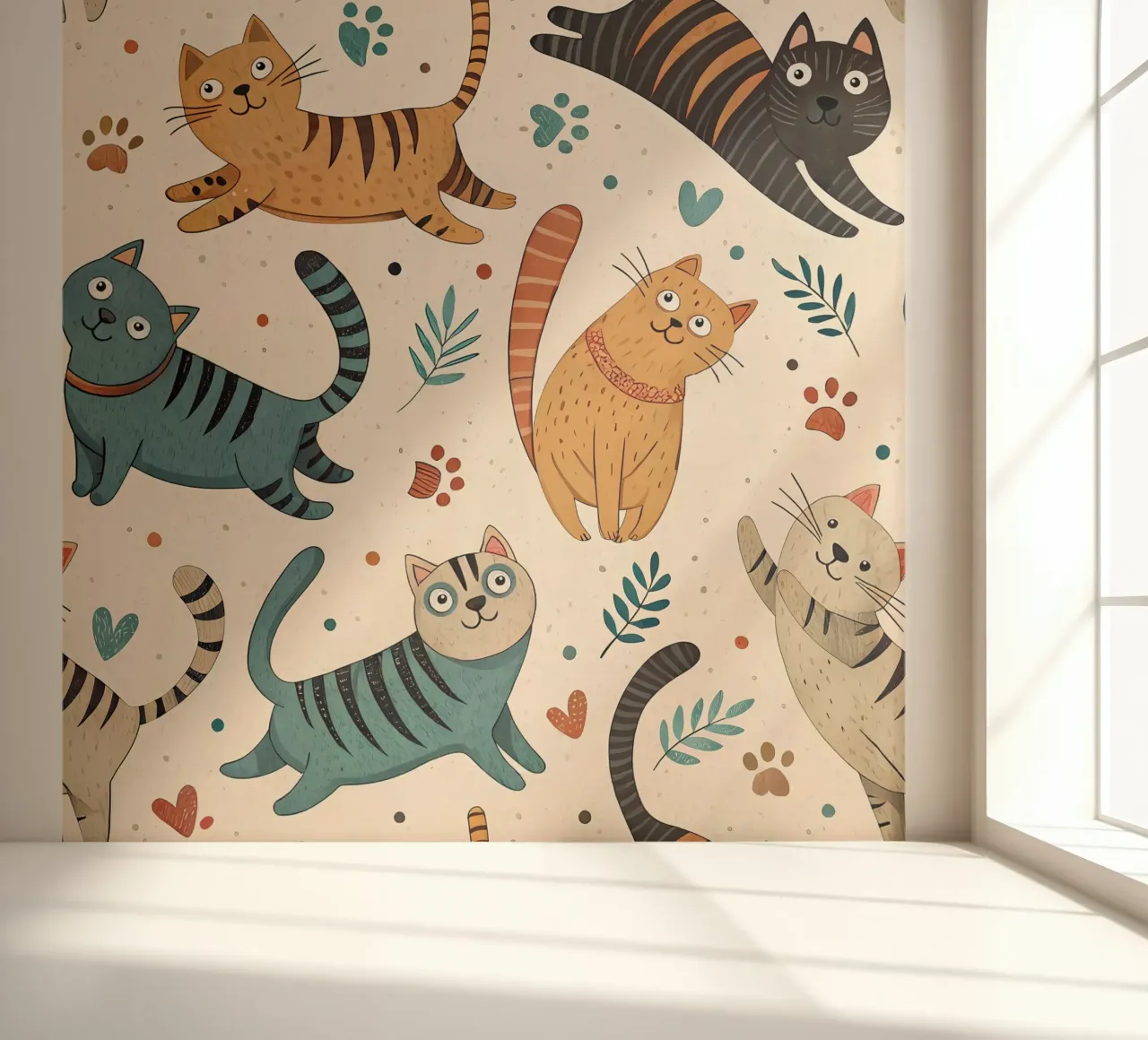 Cat Doodle Pattern fotobehang van Happy Littles