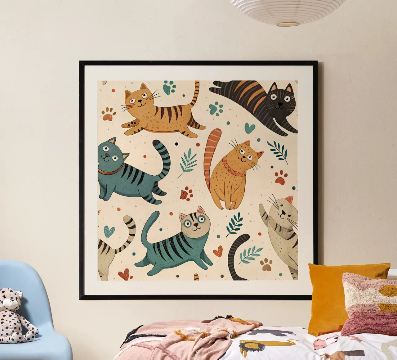 Schema di scarabocchio di gatto poster con telaio in plastica da Happy Littles