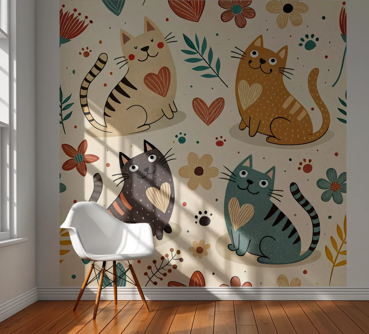 Cat Doodle Pattern fotobehang van Happy Littles
