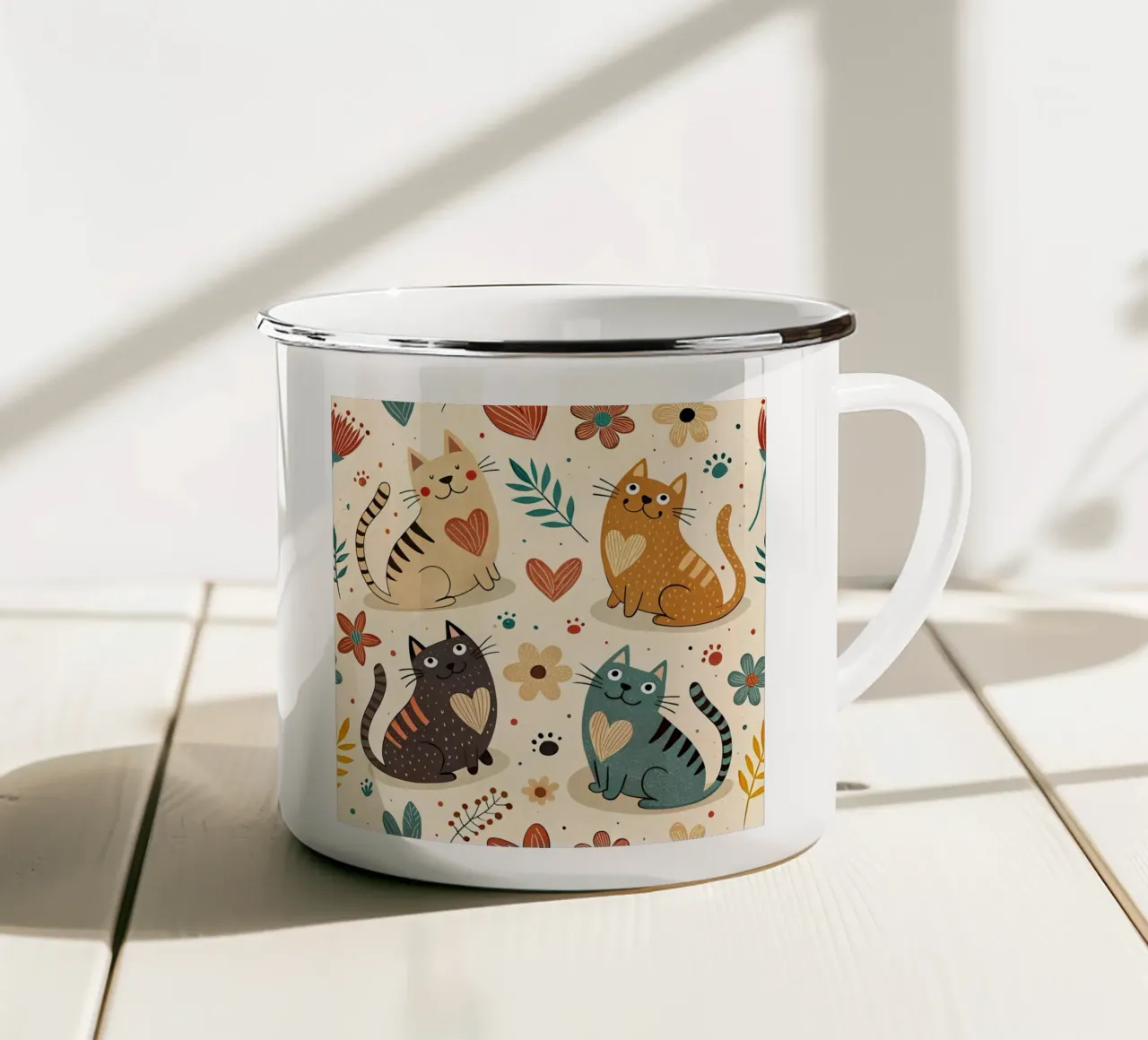 Schema di scarabocchio di gatto tazza in smalto da Happy Littles
