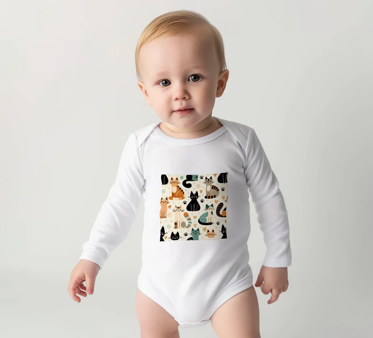 Cat Doodle Pattern long-sleeve baby romper by Happy Littles