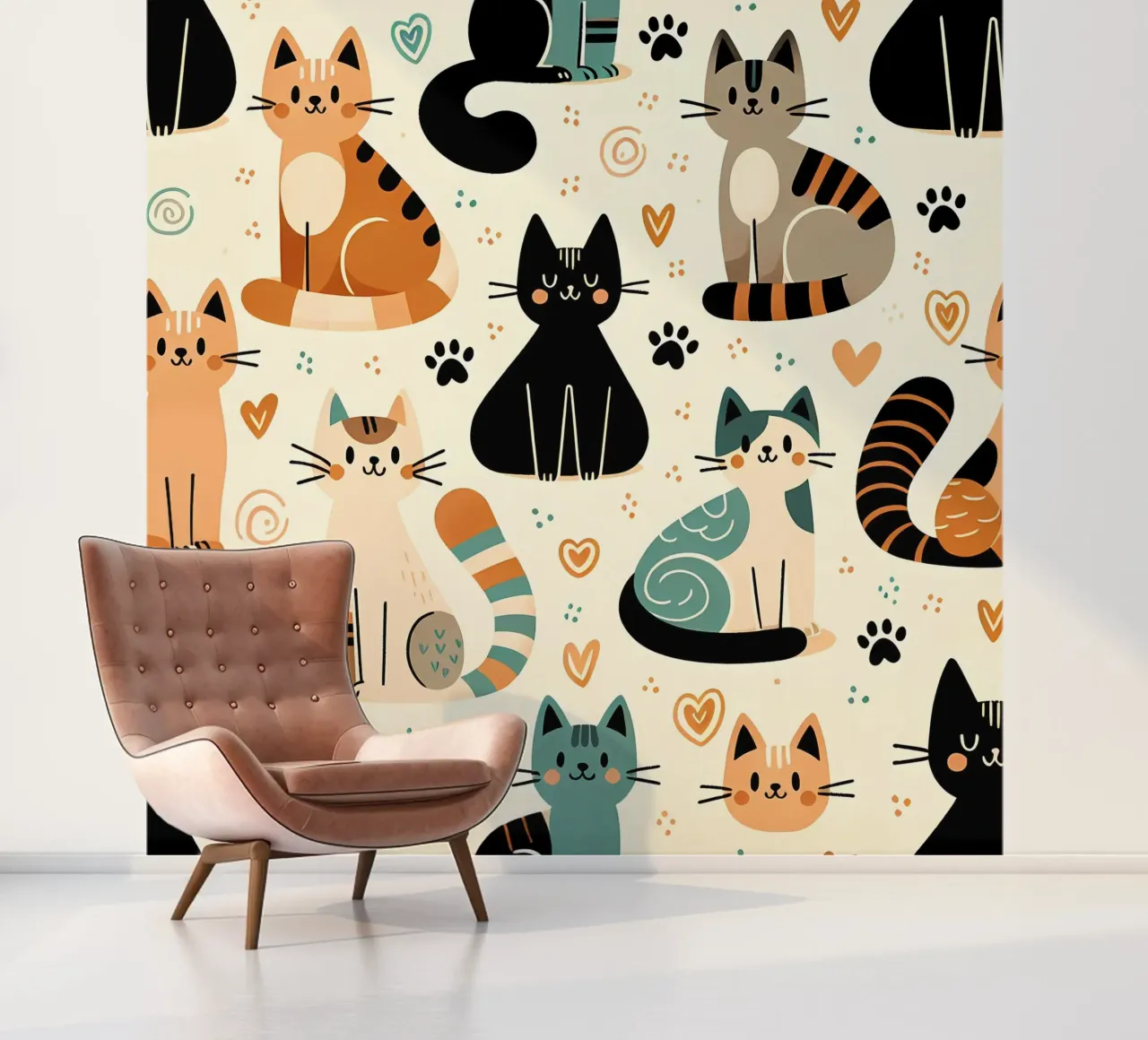Cat Doodle Pattern fotobehang van Happy Littles
