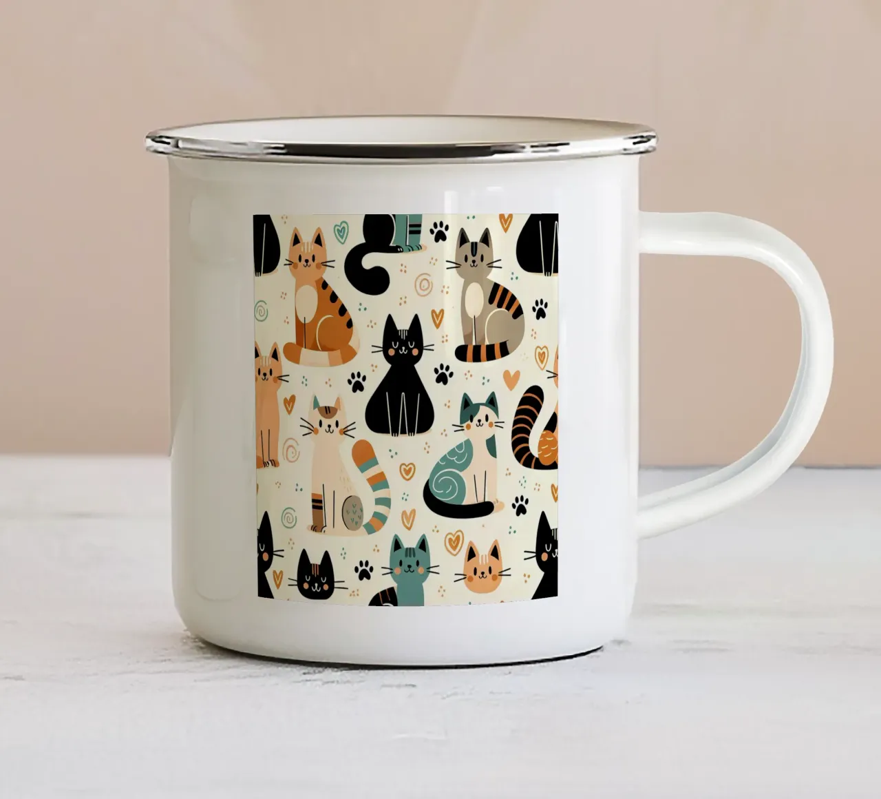 Schema di scarabocchio di gatto tazza in smalto da Happy Littles
