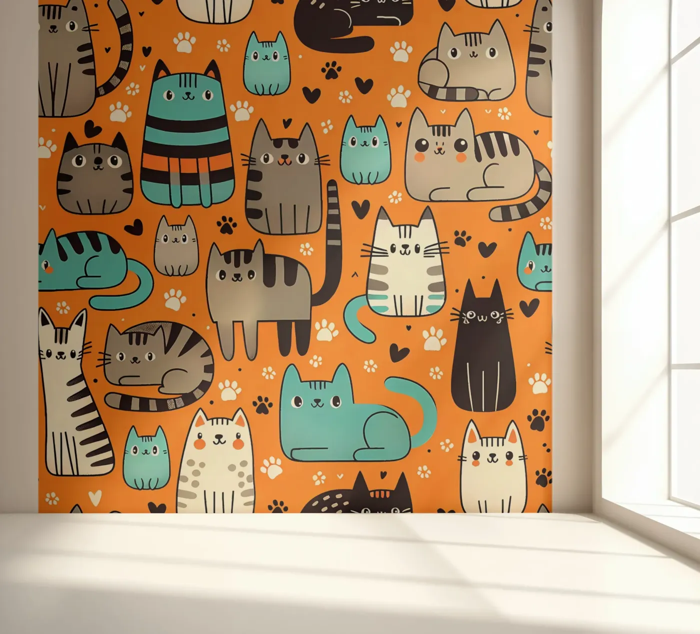 Cat Doodle Pattern fotobehang van Happy Littles