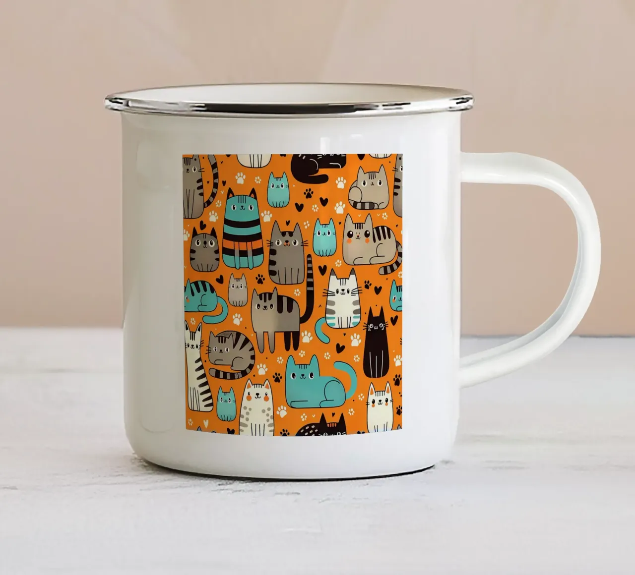 Schema di scarabocchio di gatto tazza in smalto da Happy Littles