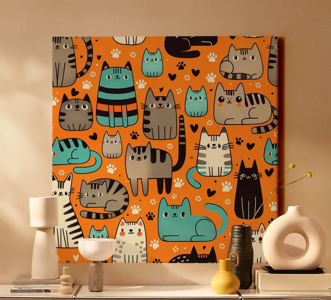 Cat Doodle Pattern canvas met Baklijst van Happy Littles