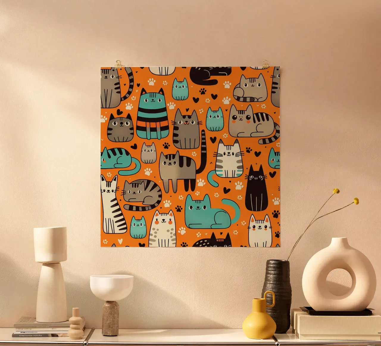 Schema di scarabocchio di gatto poster con telaio in alluminio da Happy Littles