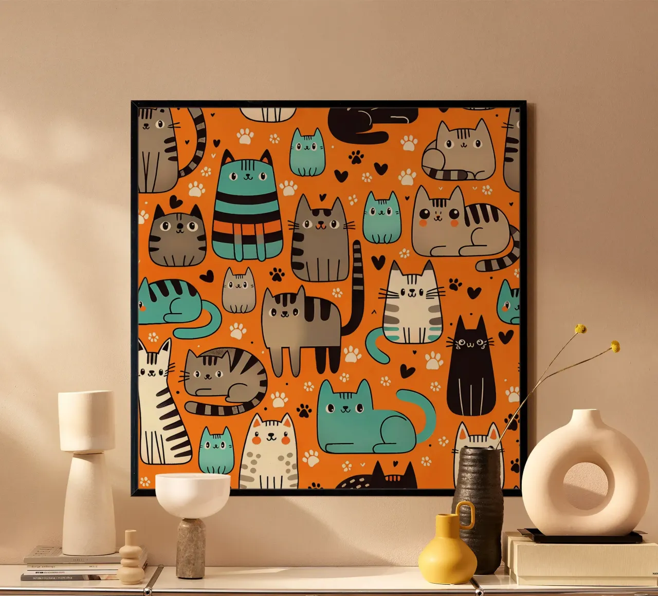 Schema di scarabocchio di gatto poster con telaio in alluminio da Happy Littles