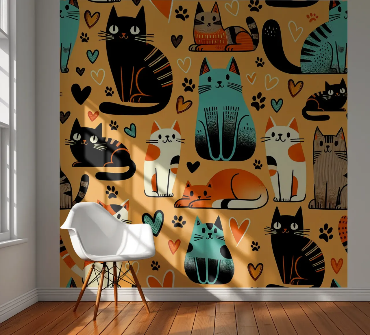 Cat Doodle Pattern fotobehang van Happy Littles