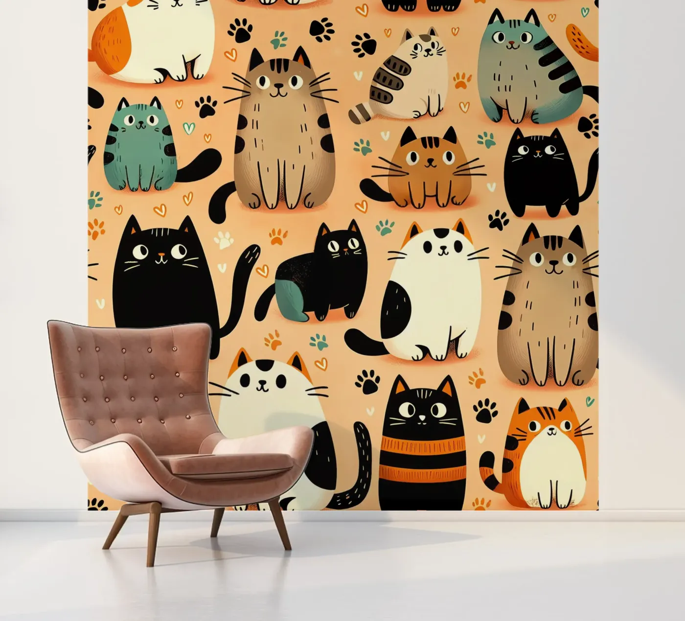 Cat Doodle Pattern fotobehang van Happy Littles