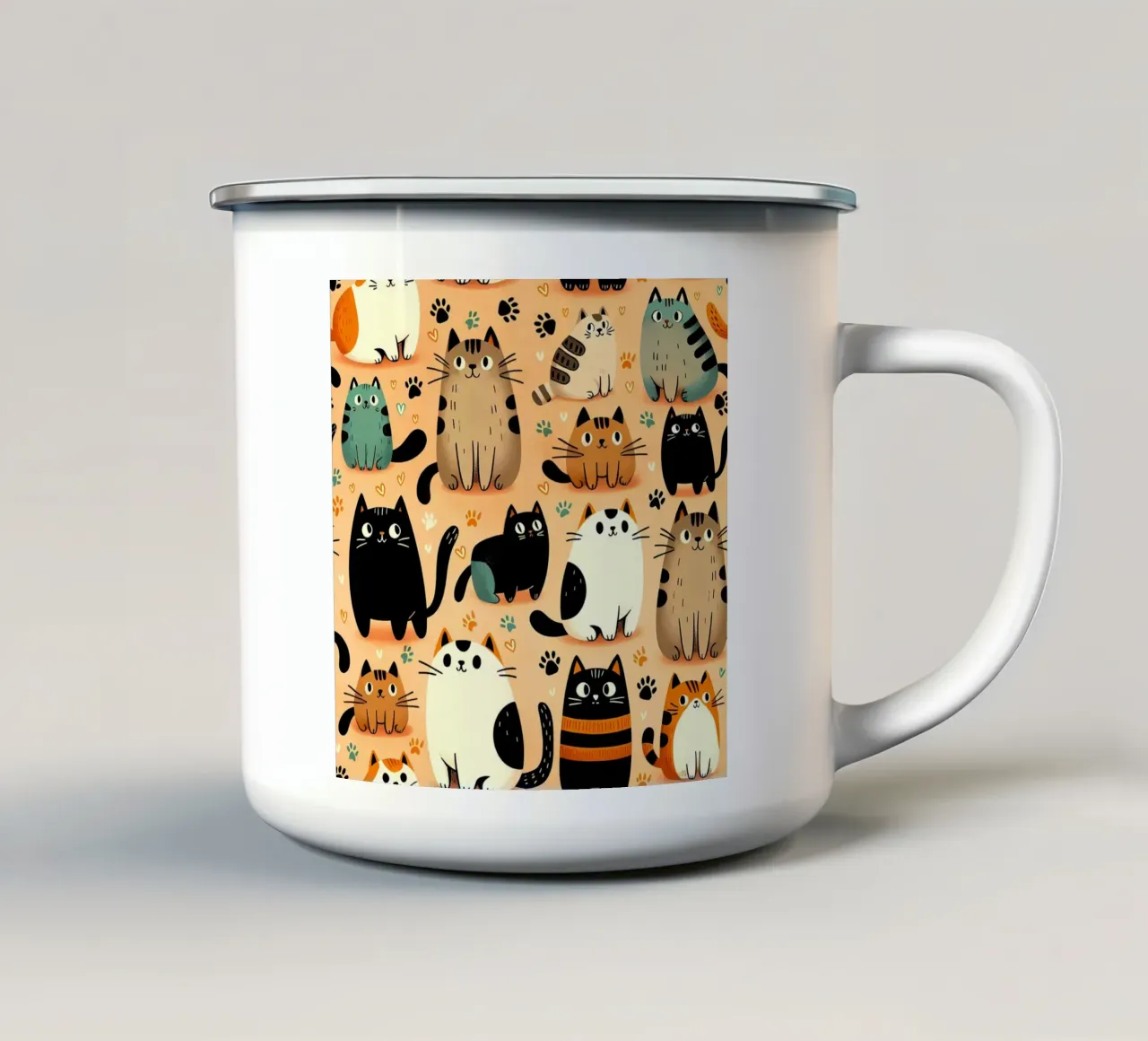 Schema di scarabocchio di gatto tazza in smalto da Happy Littles