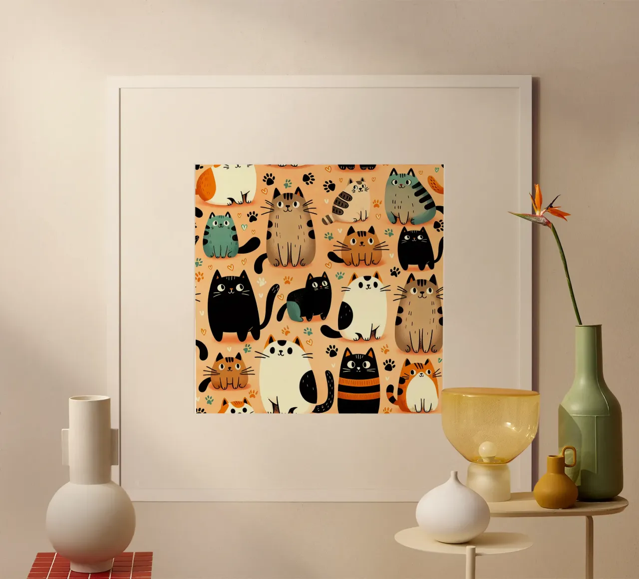 Schema di scarabocchio di gatto poster con telaio in legno da Happy Littles