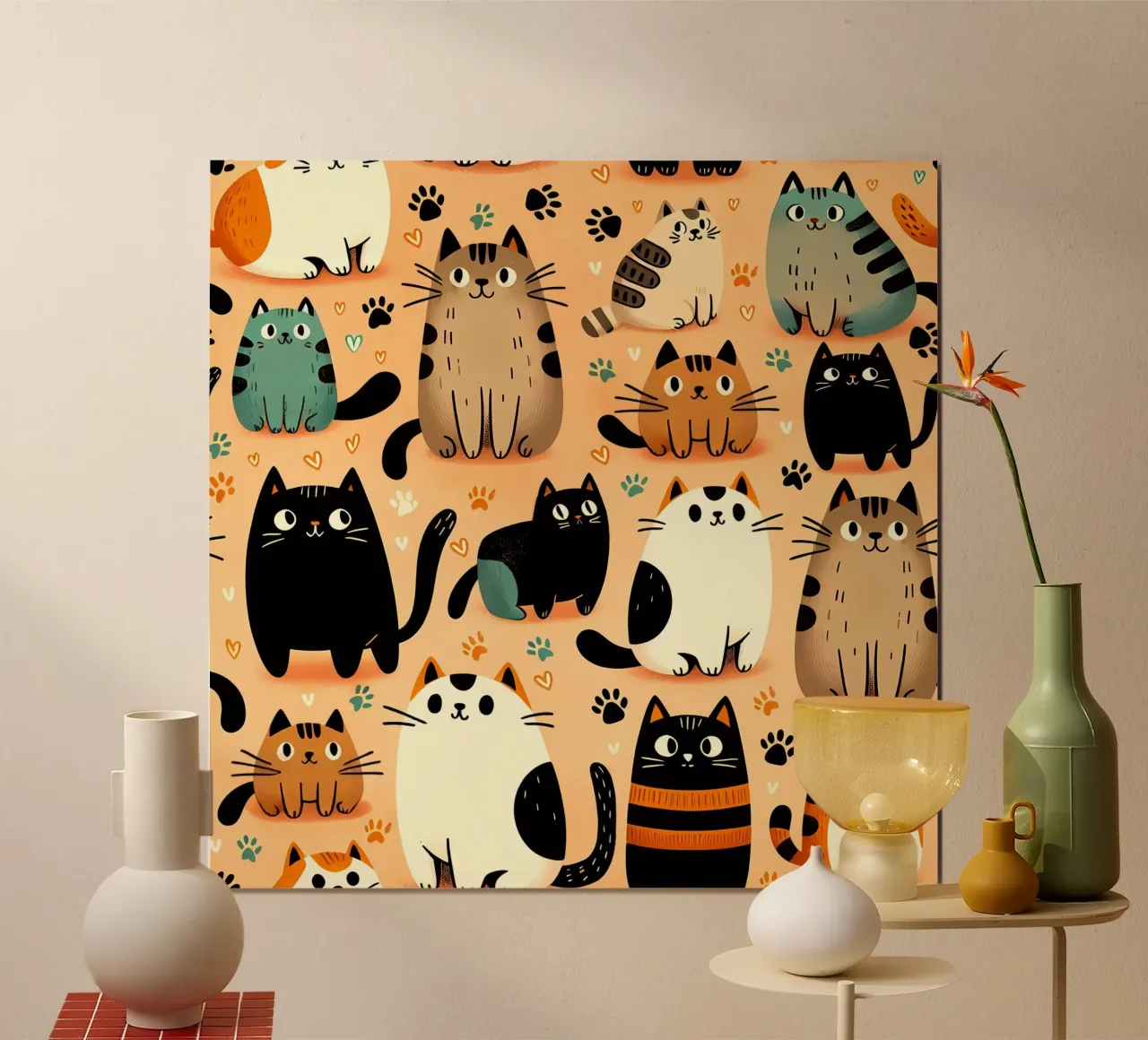 Schema di scarabocchio di gatto poster con telaio in legno da Happy Littles