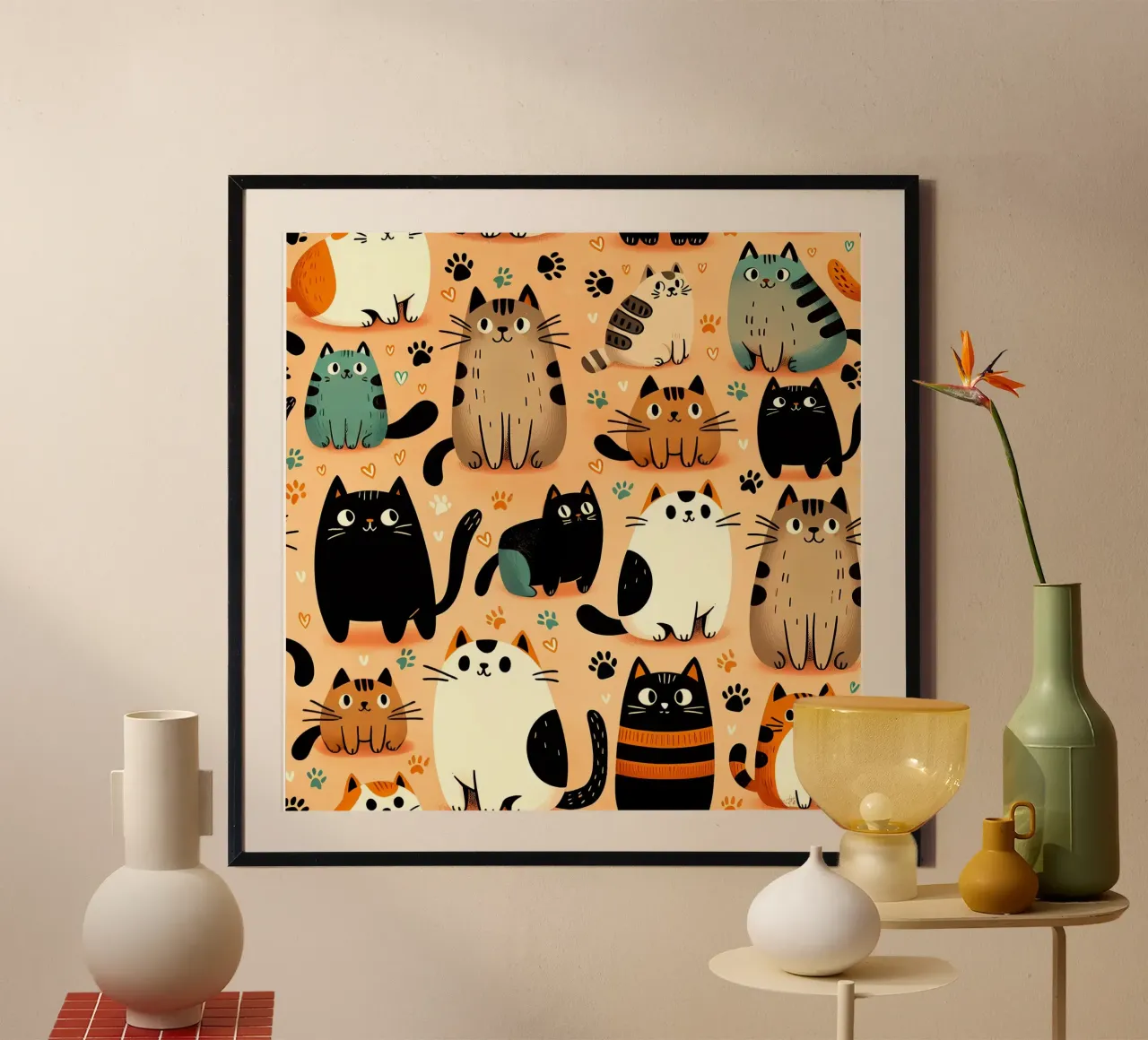 Schema di scarabocchio di gatto poster con telaio in legno da Happy Littles