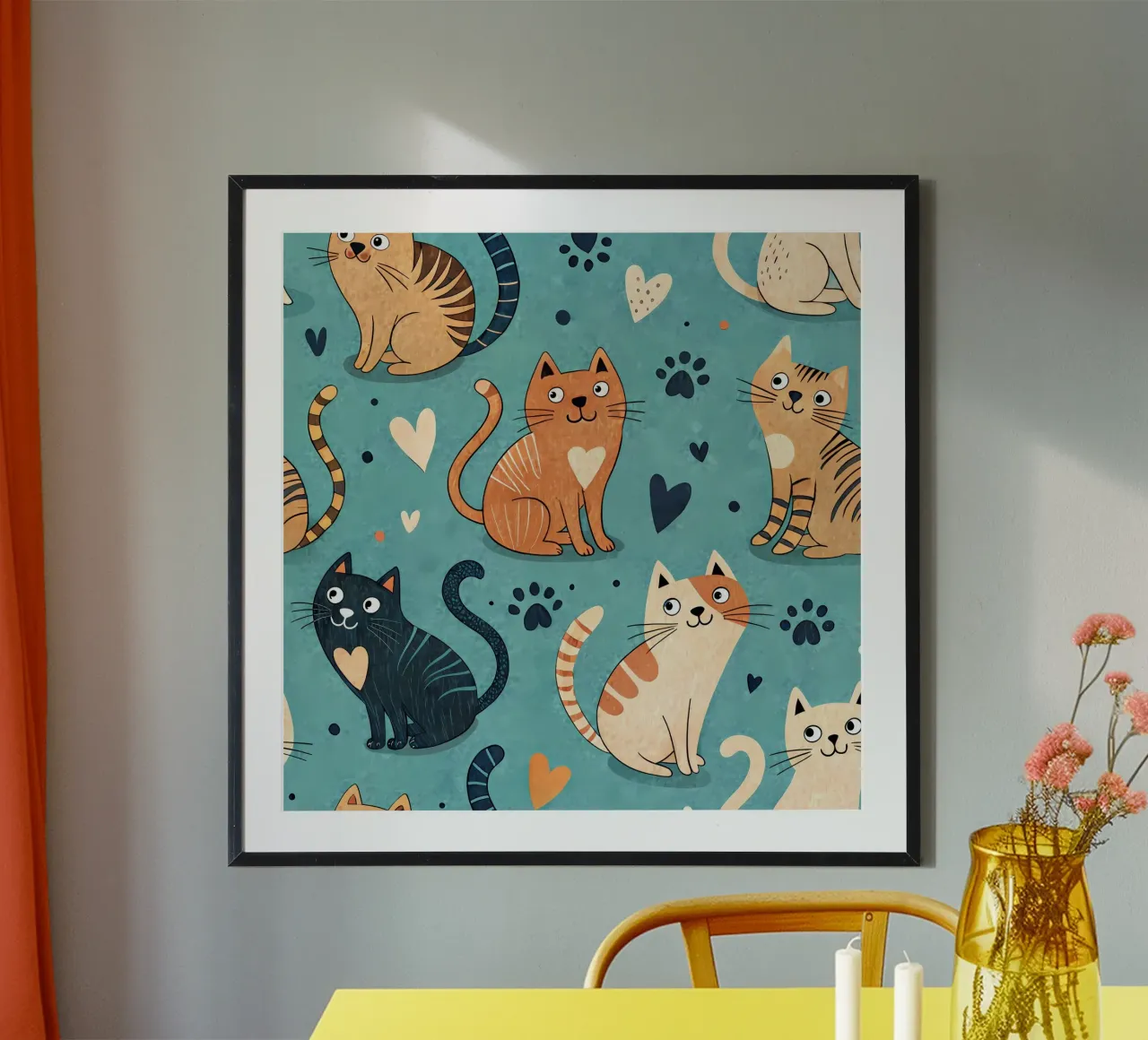 Schema di scarabocchio di gatto poster con telaio in legno da Happy Littles