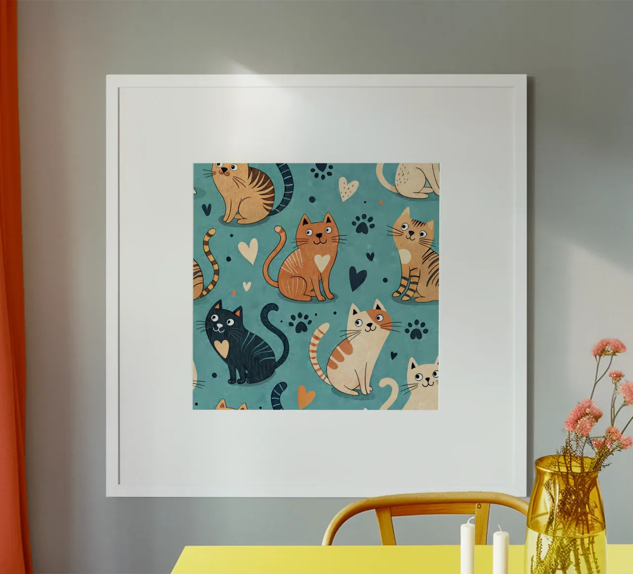 Schema di scarabocchio di gatto poster con telaio in legno da Happy Littles