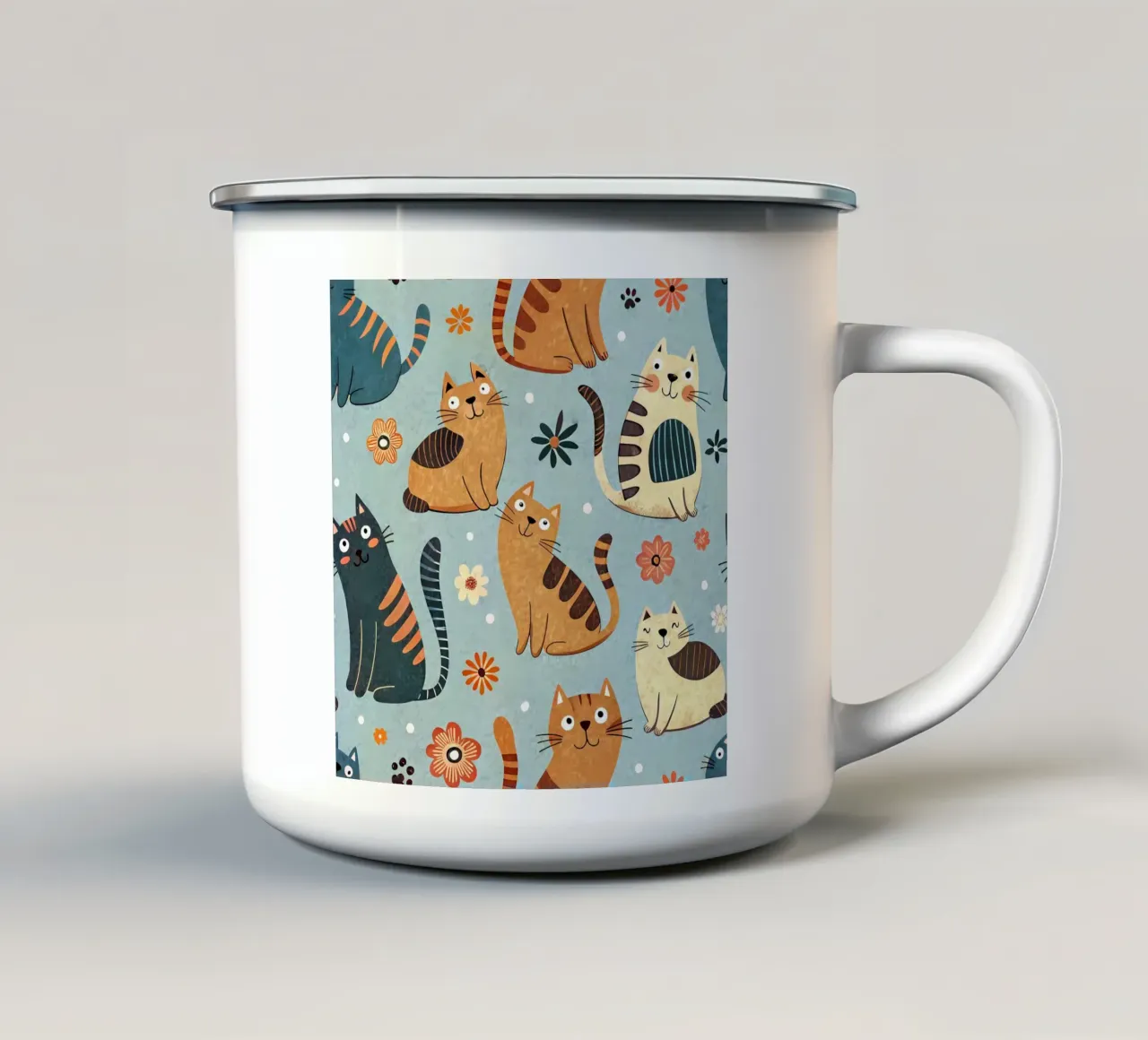 Schema di scarabocchio di gatto tazza in smalto da Happy Littles