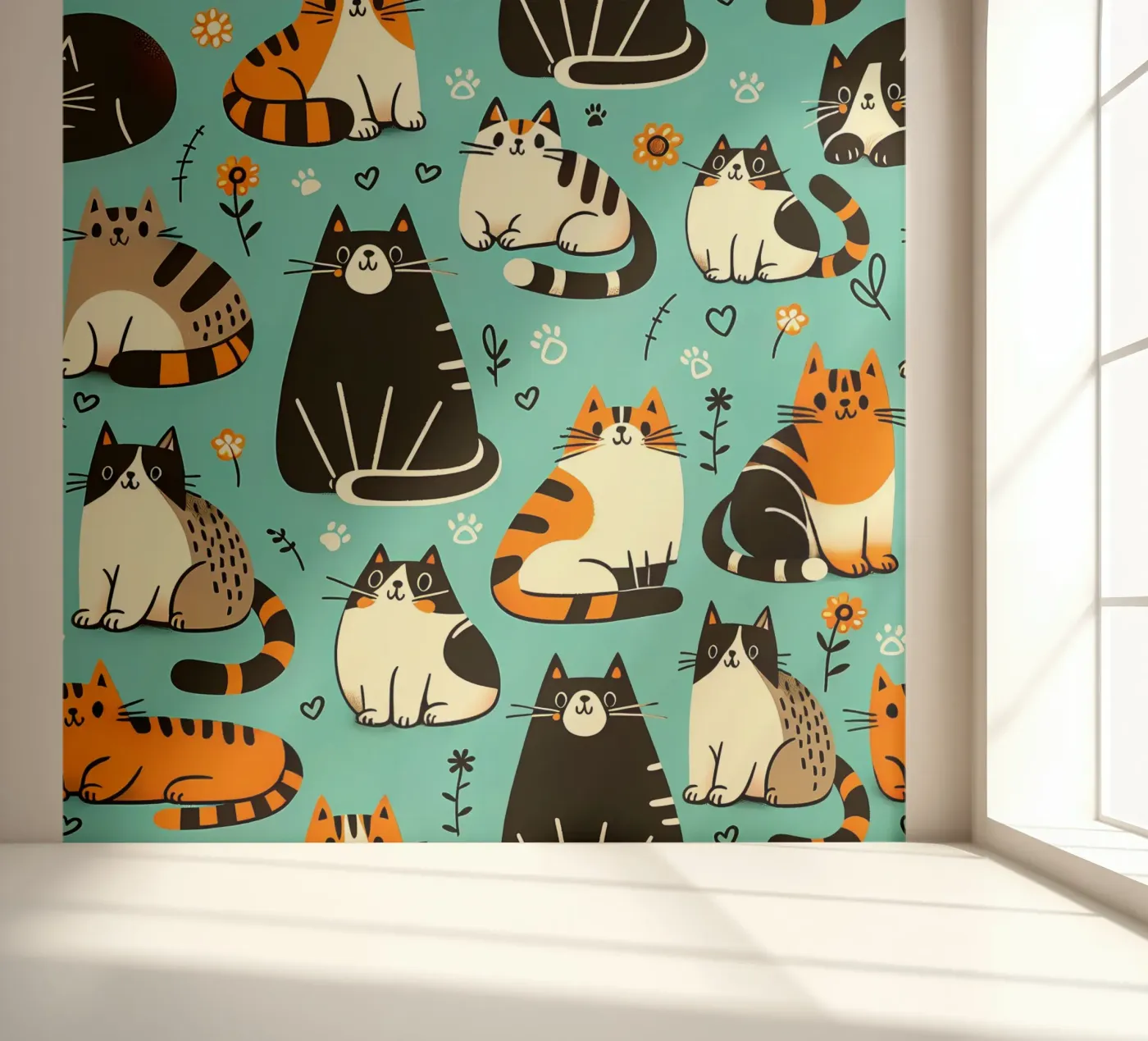 Cat Doodle Pattern fotobehang van Happy Littles