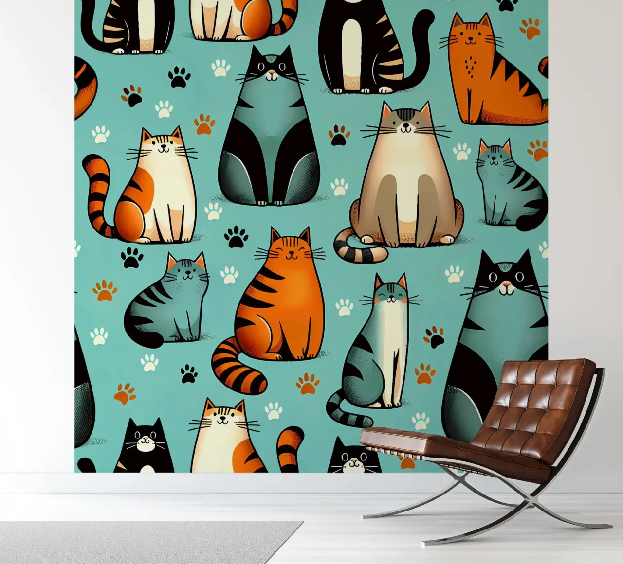 Cat Doodle Pattern fotobehang van Happy Littles