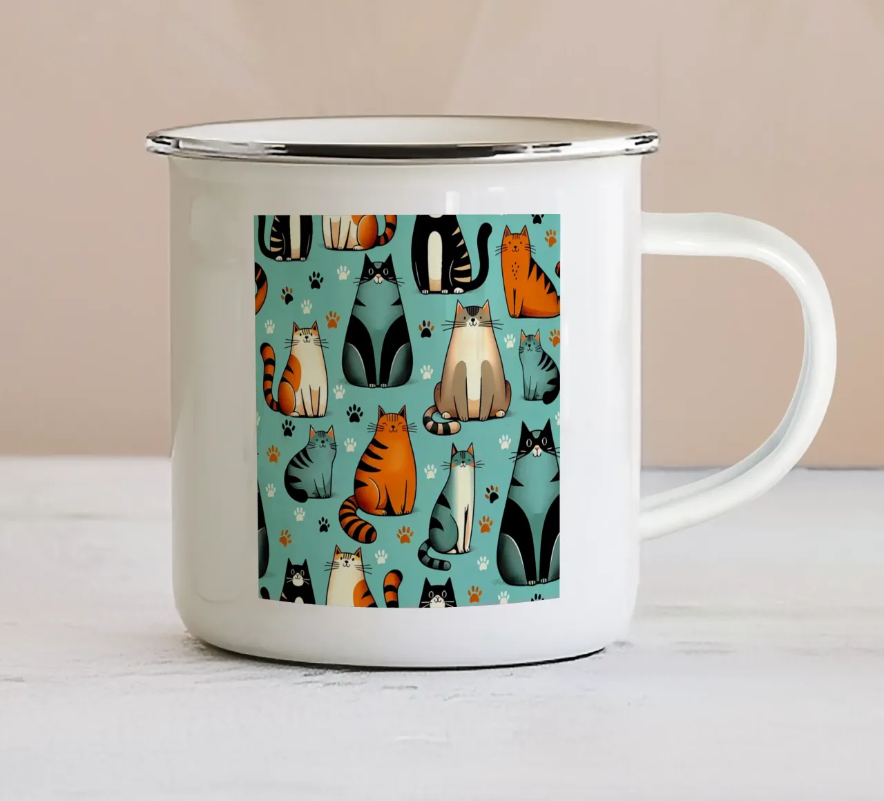 Schema di scarabocchio di gatto tazza in smalto da Happy Littles