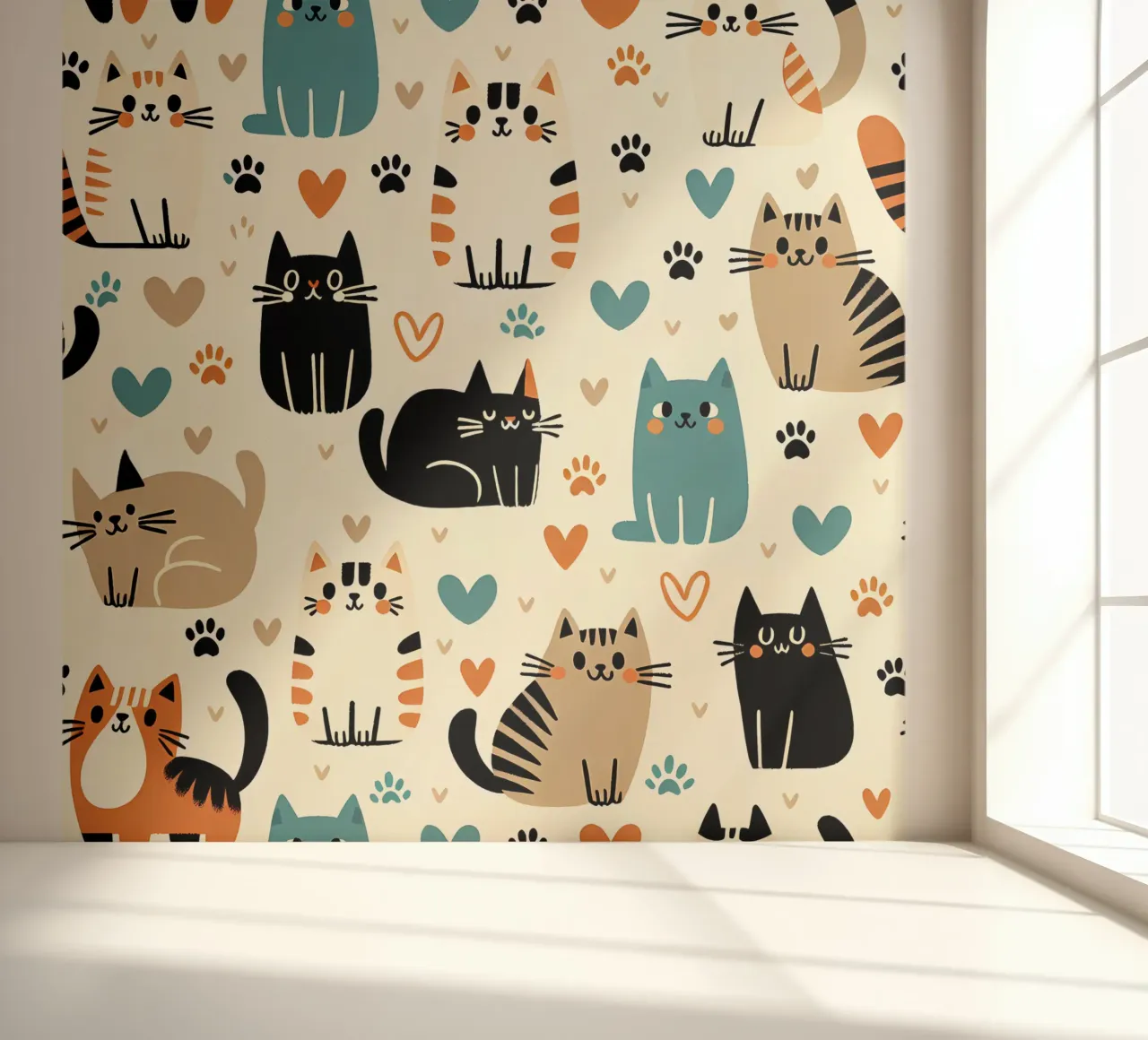 Cat Doodle Pattern fotobehang van Happy Littles