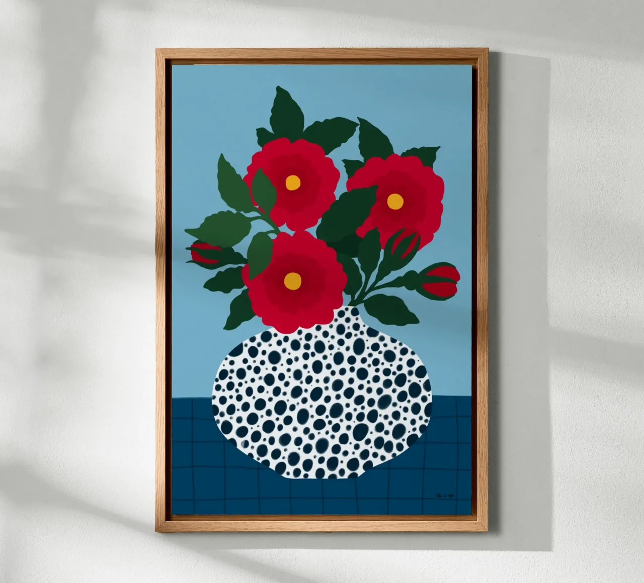 Red Flowers in a dotted white Vase canvas with Floater frame by Tida vom Weg