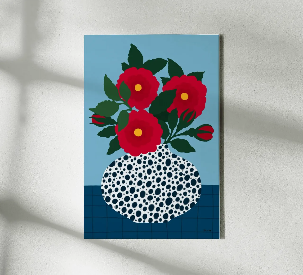 Red Flowers in a dotted white Vase canvas with Floater frame by Tida vom Weg