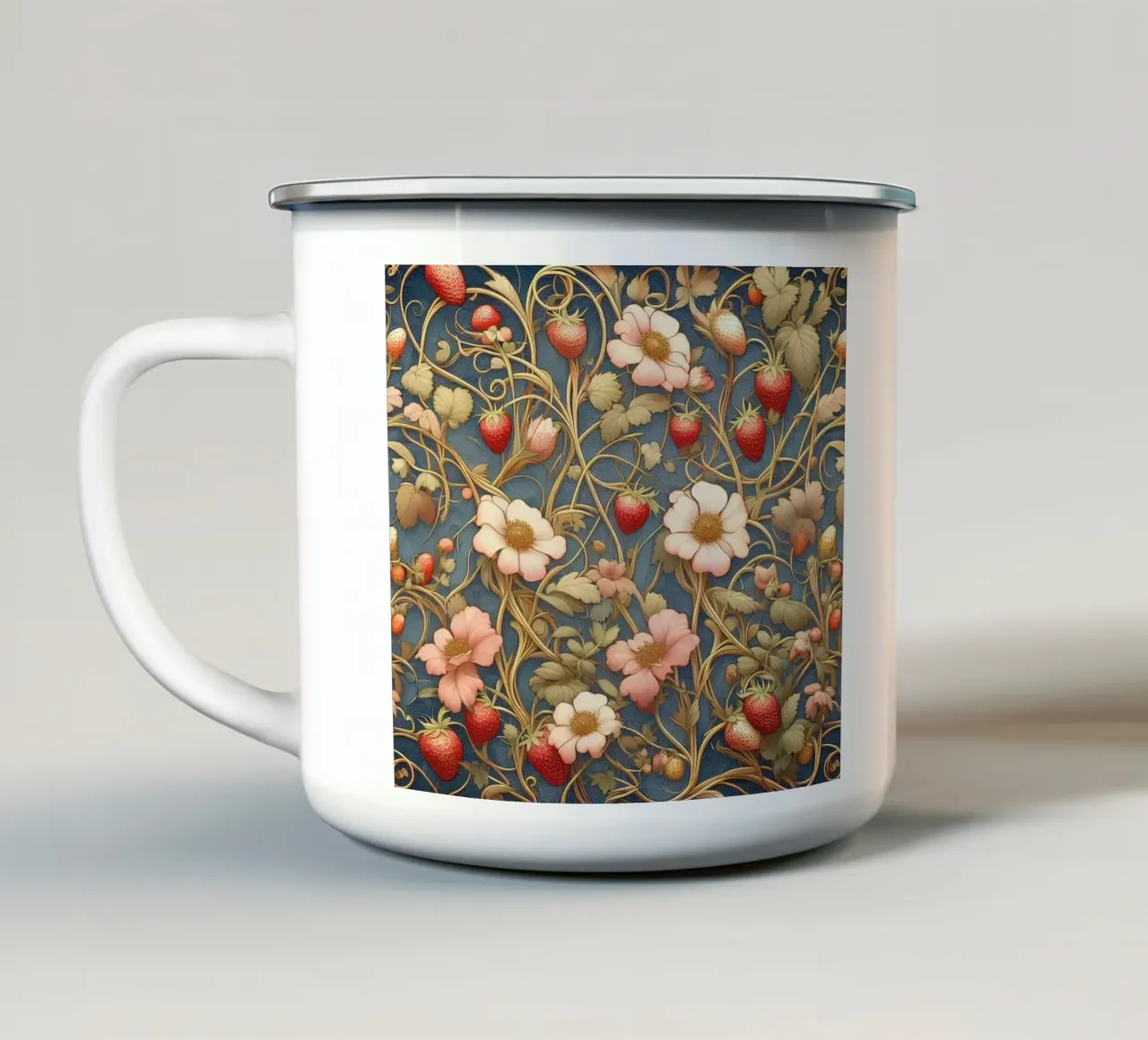 Aardbeienranken emaille mok van Art-Nouveau-Dsg